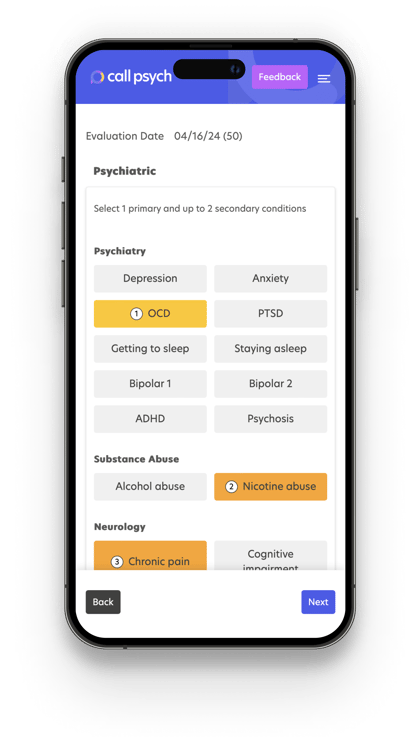 app screenshot showing Start by entering basic <span>Medical</span> and <span>Psychiatric</span> information., 1 of 2